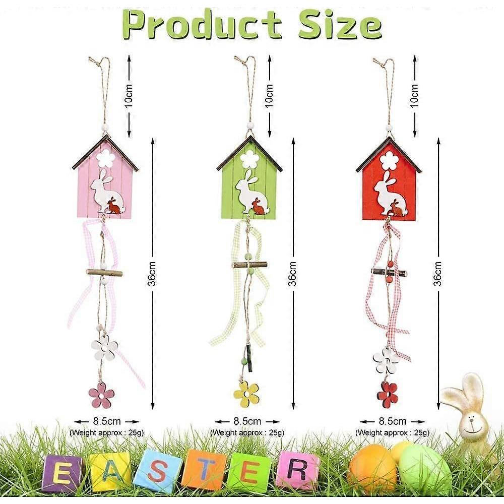 3 Pieces Spring Wooden Easter Bunny Decoration Easter Decoration, Rabbit House Easter Pendant,Wooden