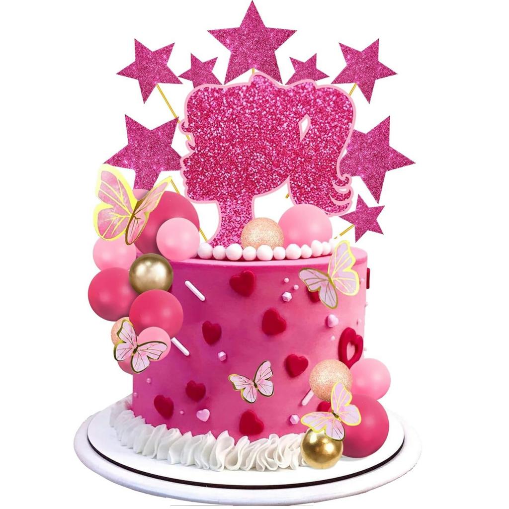 Hot Pink Girl Gold Butterfly Balls Star Doll Cake Topper for Wedding Baby Shower Anniversary Girl Birthday Themed Party Supplies