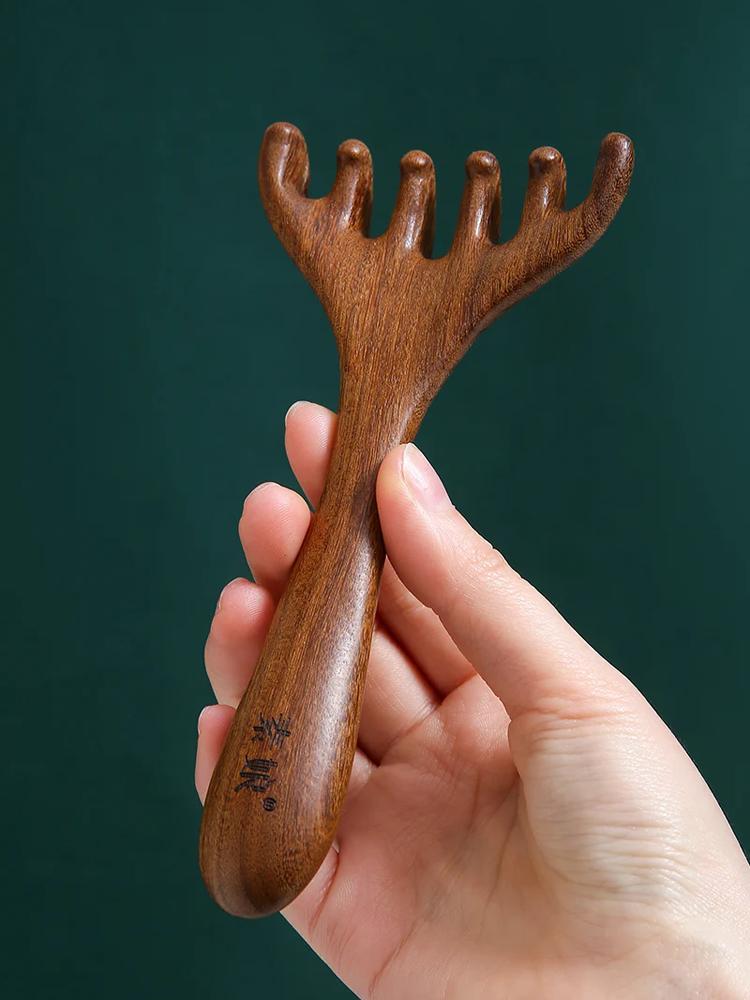 Натуральный золотой сандаловый массажер для кожи головы с пятью когтями, инструмент гуаша, чесалка для спины, спа, ручная меридианная массажная расческа для ухода за волосами