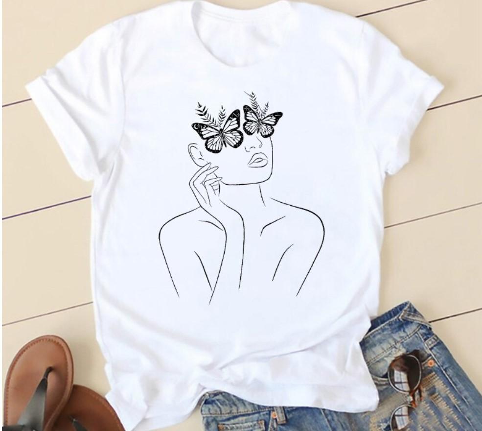 Creative Face Graphics Woman Graphics 90S Blouses Harajuku Summer Short Sleeve O-Neck White Female Tops Streetwear Y2K Clothing