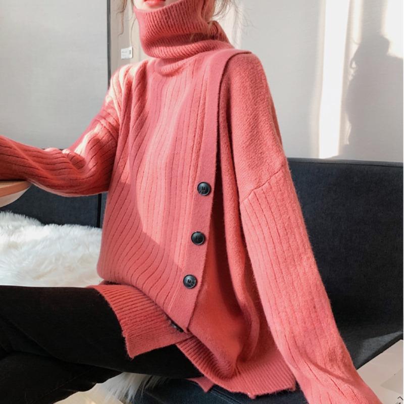 Осенние шикарные пуговицы, однотонные свободные пуловеры, женские свитера, модные, с длинным рукавом, повседневные, вязаные свитера, женские трикотажные топы, винтажные женские джемперы 25523