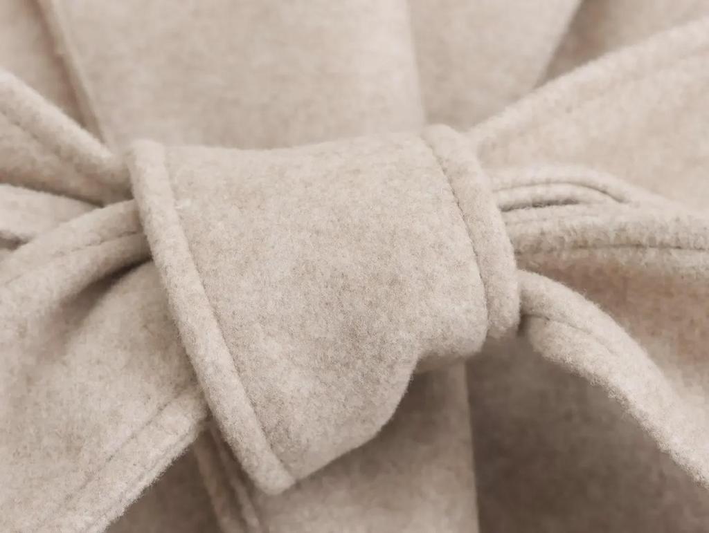 2024 Spring European & American Women's Solid Color Hooded Mid-Length Belted Woolen Coat