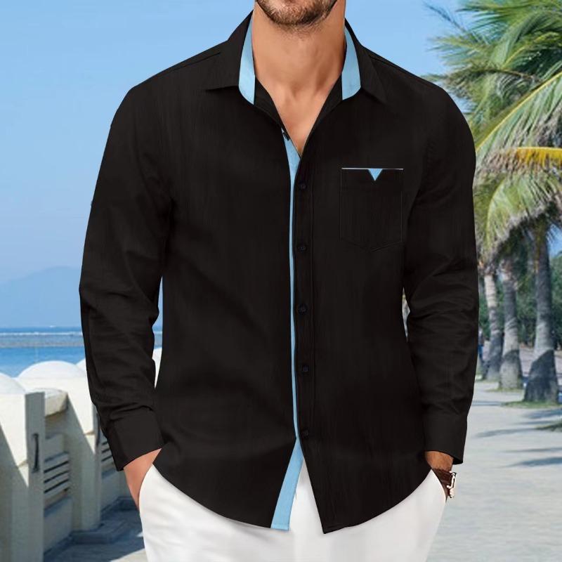 Men's Striped Patchwork Casual Loose Long Sleeved Shirt for Autumn Winter Cotton Shirts (men’s)