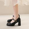 French Thick High Heels Womens Pumps Genuine Leather Platforms Buckle Strap Shallow Office Career Shoes Retro Mary Jane