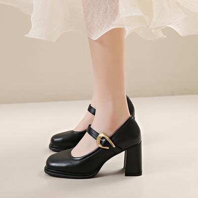 French Thick High Heels Womens Pumps Genuine Leather Platforms Buckle Strap Shallow Office Career Shoes Retro Mary Jane