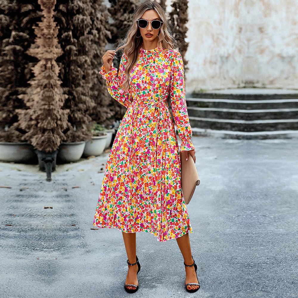 Осенне-зимнее женское плиссированное длинное платье для отдыха с круглым вырезом и длинными рукавами с принтом