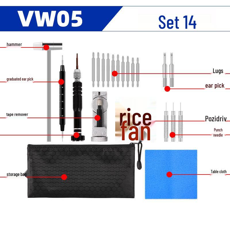 Набор инструментов для ремонта механических часов: снятие корпуса, ремешка, регулировка звеньев и замена батарейки.