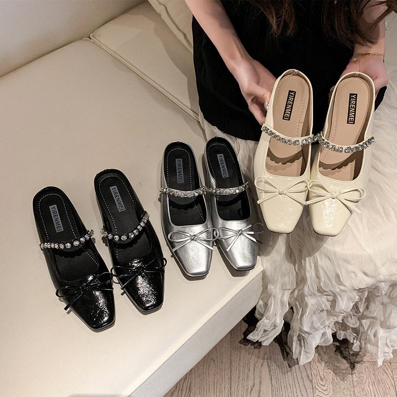 Туфли Мэри Джейн женские весна-лето 2025 новые французские банты со стразами квадратные босоножки сумка-голова толстые каблуки женские