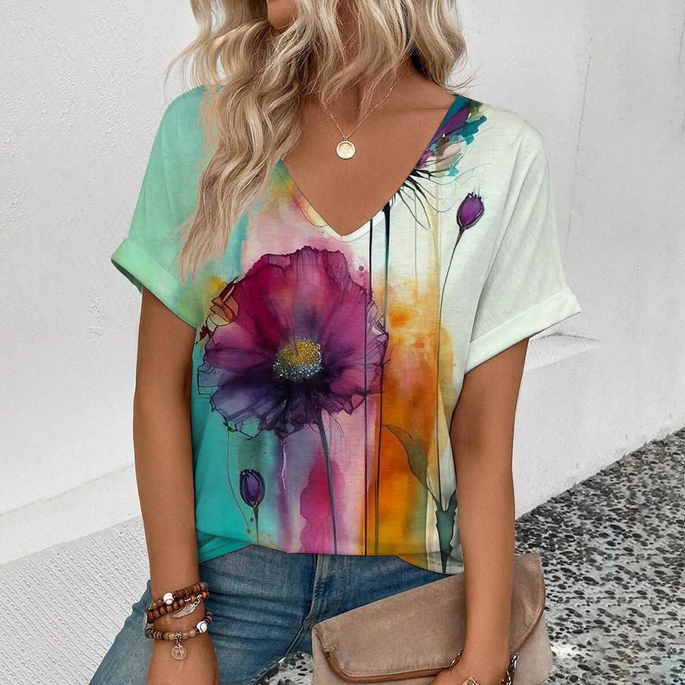 Summer New 3D Printe T-shirt Women's V-neck Top Summer Daily Short-sleeved White Comfortable Street T-shirt