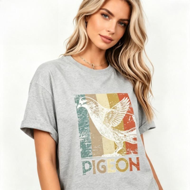 Vintage Style Unisex Cotton Tshirt Distressed Pigeon Outline Print Retro Color Block Bird Graphic Casual Daily Short Sleeve Tees