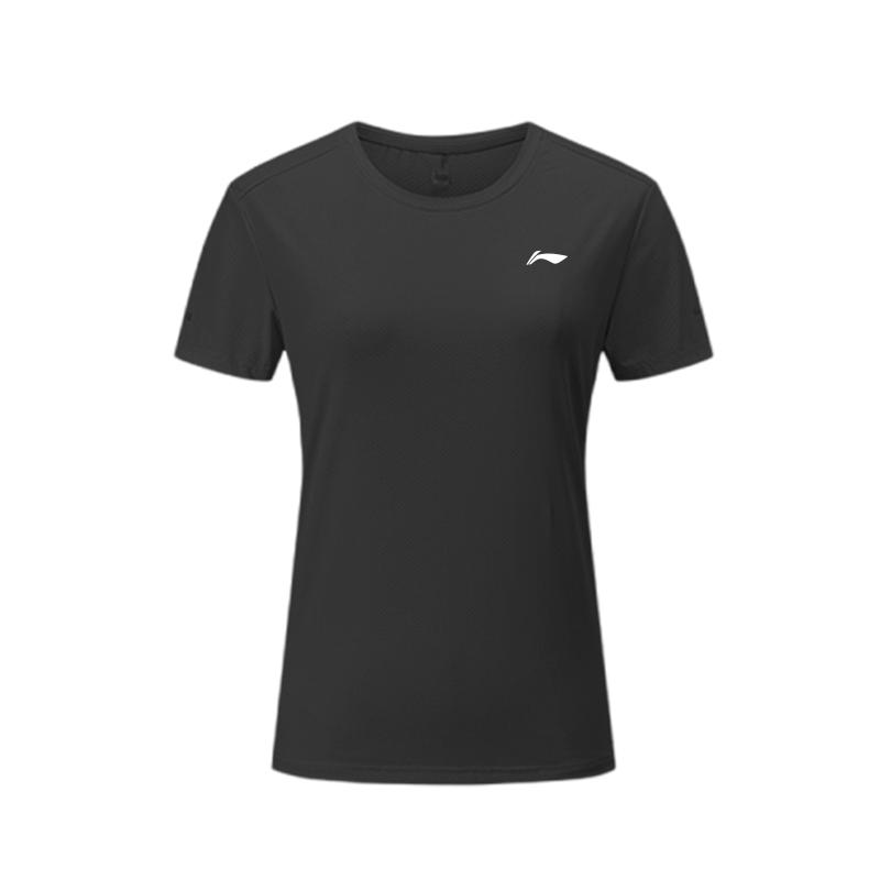 Li-Ning Однотонная быстросохнущая дышащая футболка с круглым вырезом и коротким рукавом для женщин, черные топы YTSU154-3