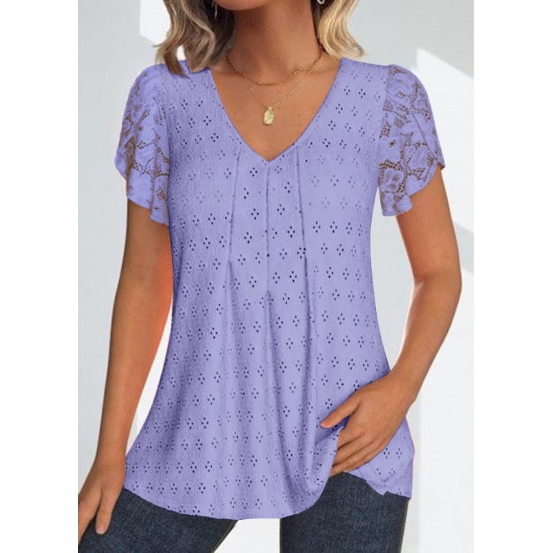 Летняя однотонная кружевная повседневная футболка с v-образным вырезом и коротким рукавом для женщин