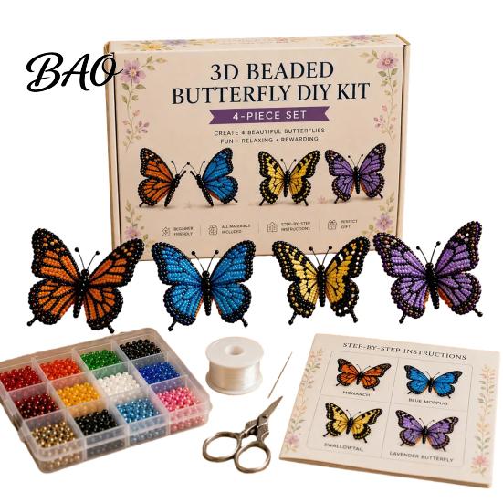 Beaded Animal Figurines 3D Butterfly Craft Kit, Tiny DIY Handmade Art Set Kit with Instruction, Cute 4-Pack Butterflies Beadwork for Beginners,