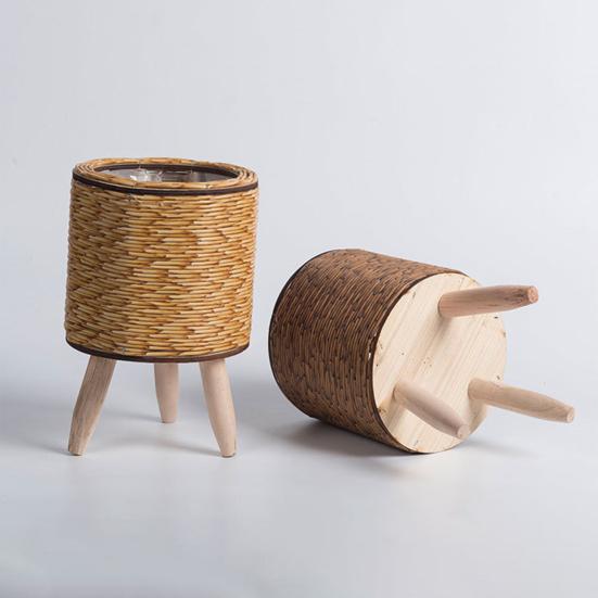 Rattan Woven Planter Pot Indoor Outdoor Flowerpot with Legs Handmade Cactus Succulent Plants Holder Container Home Balcony Garden Decoration