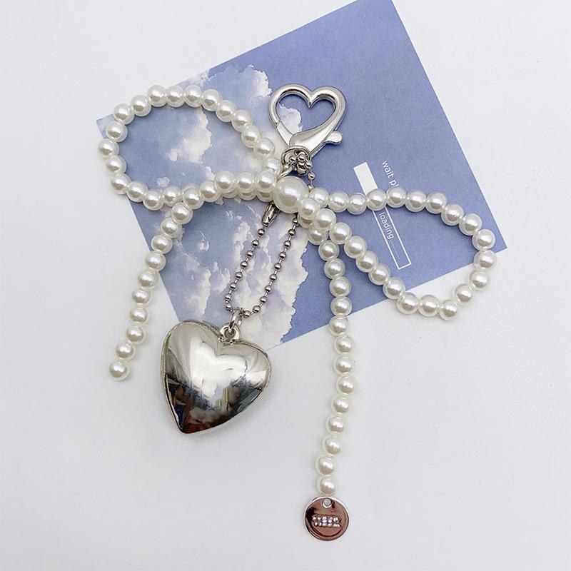 Ins Style Bowknot Pearl Beaded Key Chain Silver Love Phone Chain Headphone Case Pendant Ccd Lanyard Charms Bag Decor