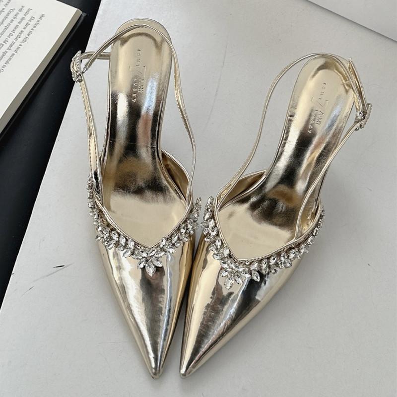 Модные Высококачественные Лакированные Кожаные Туфли-Лодочки со Стразами на Высоком Каблуке Женские Сексуальные с Острым Носком и Ремешком через Пятку Элегантные Банкетные Туфли для Платья