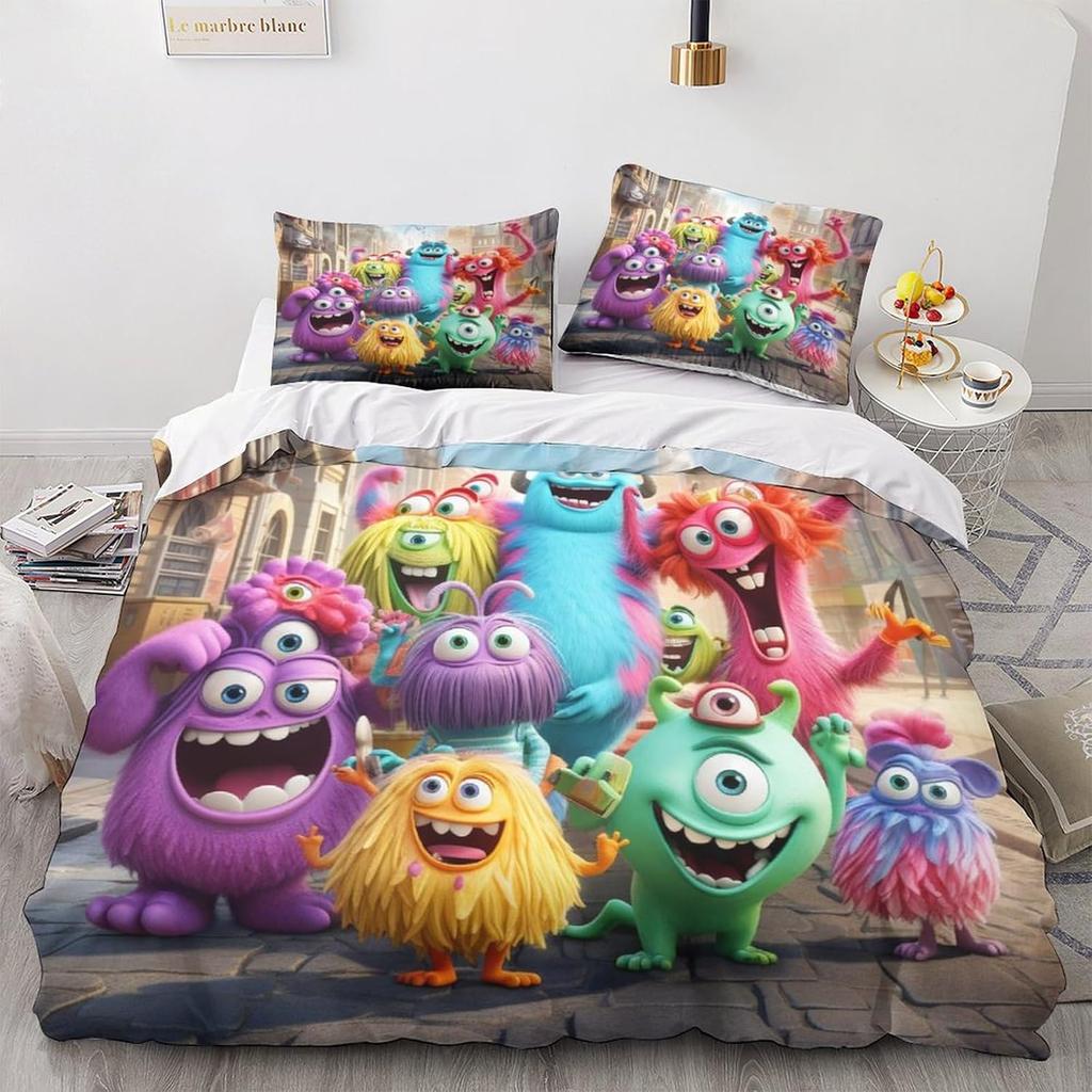 Monster Bedding Set 3D Print Design Duvet Cover Double Size Soft Microfiber Reversible Cute Monster Quilt Cover for Kids Adults