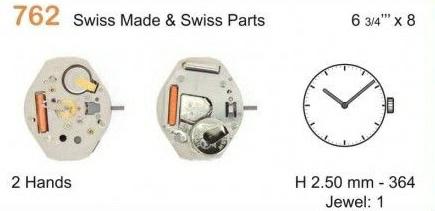 Mechanizm ronda 762 762e h1 size 6 3/4``` x 8```, 2 hands