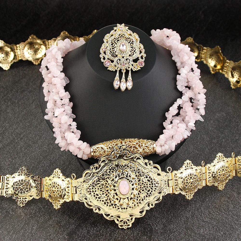 Шикарные ювелирные наборы из розового камня, металлический пояс, колье, ожерелье, брошь, свадебные украшения для невесты