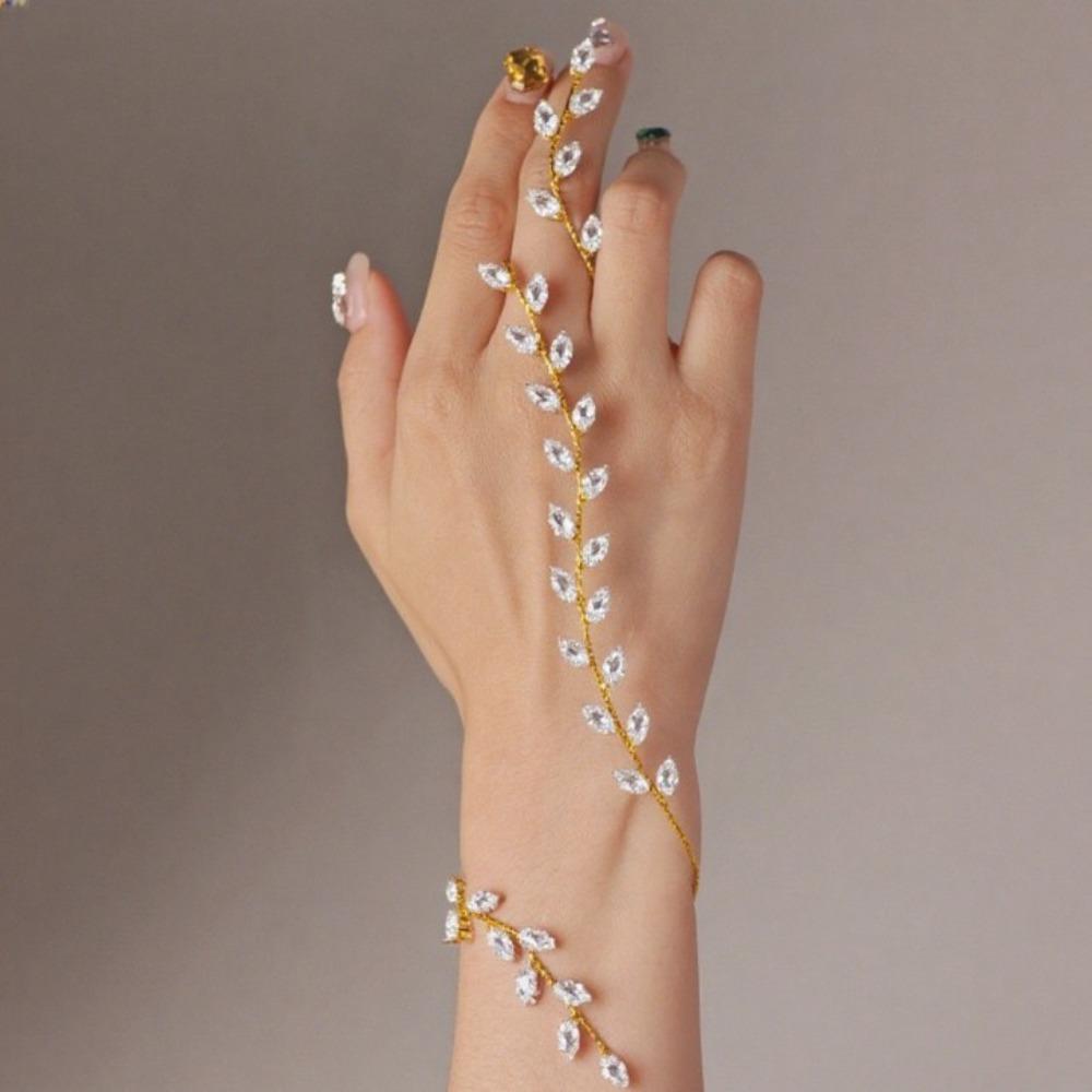 Simple Elegant Fashionable Luxury Bracelet Rhinestones Adjustable Leaf Cubic Zircon Hand Palm Bracelet Hand Piece Jewelry
