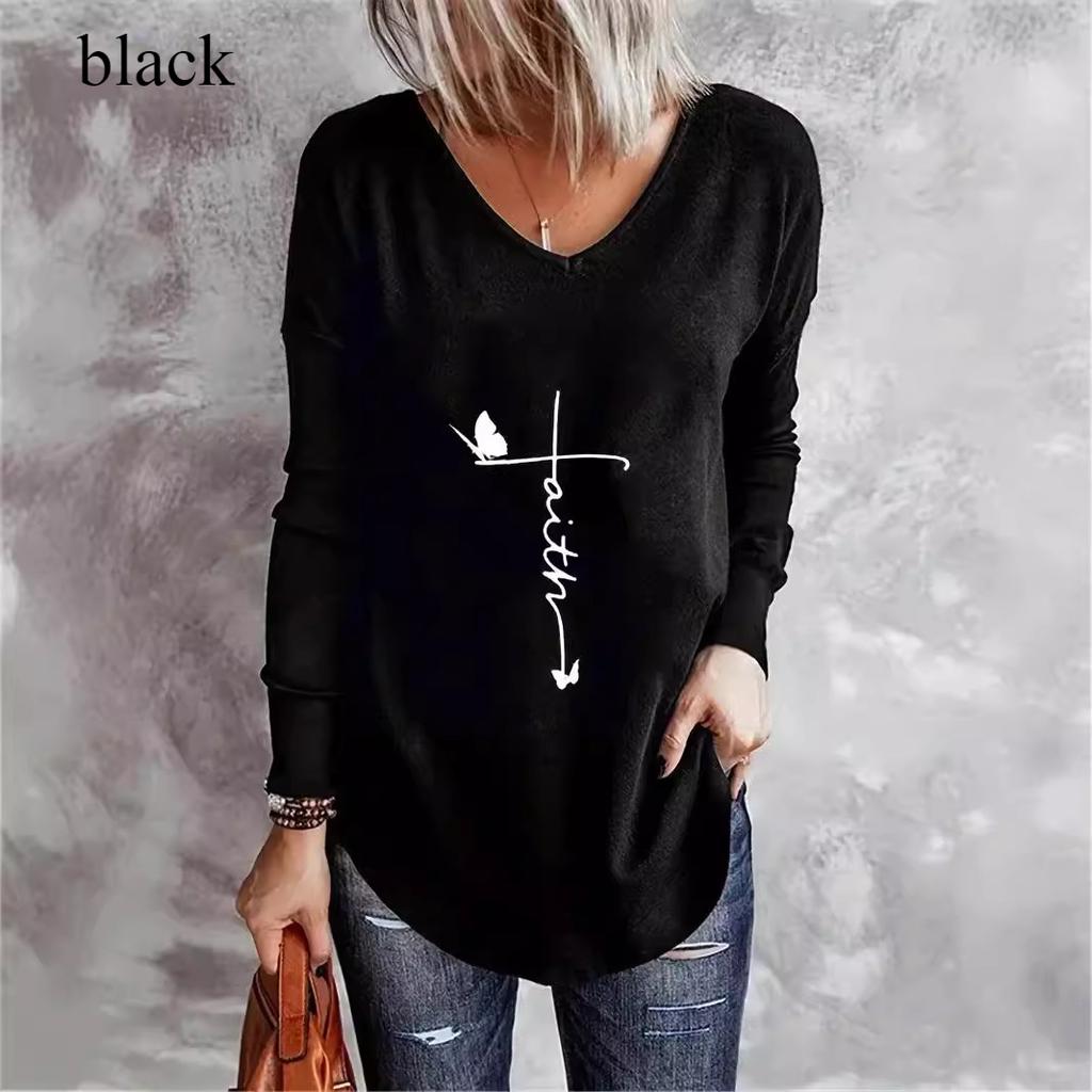Animal Letters Feather Moon Printed 3D T Shirts Plus Size Black Tees Women Fashion V Neck Long Sleeve T Shirt