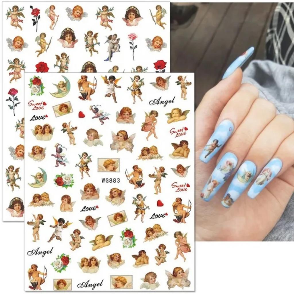 Наклейки для ногтей с рисунком ангела и цветка, самоклеящиеся наклейки для ногтей с изображением купидона, 3D-советы по дизайну ногтей, украшения для дизайна ногтей, маникюрная пленка