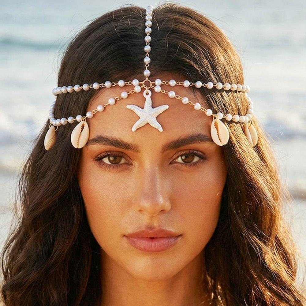 Ocean Style Bohemian Hair Chain Starfish Beaded Head Piece Boho Head Chain Summer Vacation