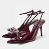 Fashion Sexy Pointed Toe Patent Leather High Heeled Sandals Women Luxury Brand Designer Shoe Elegant Ankle Buckle Bow Banquet Dress Shoe