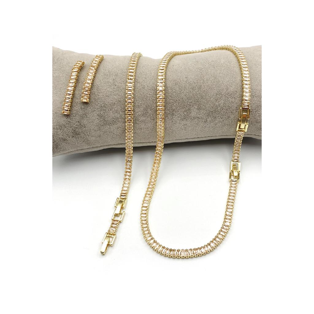 Women's Silver Zircon Baguette Waterway Necklace Earring Bracelet Jewelery Set Suit