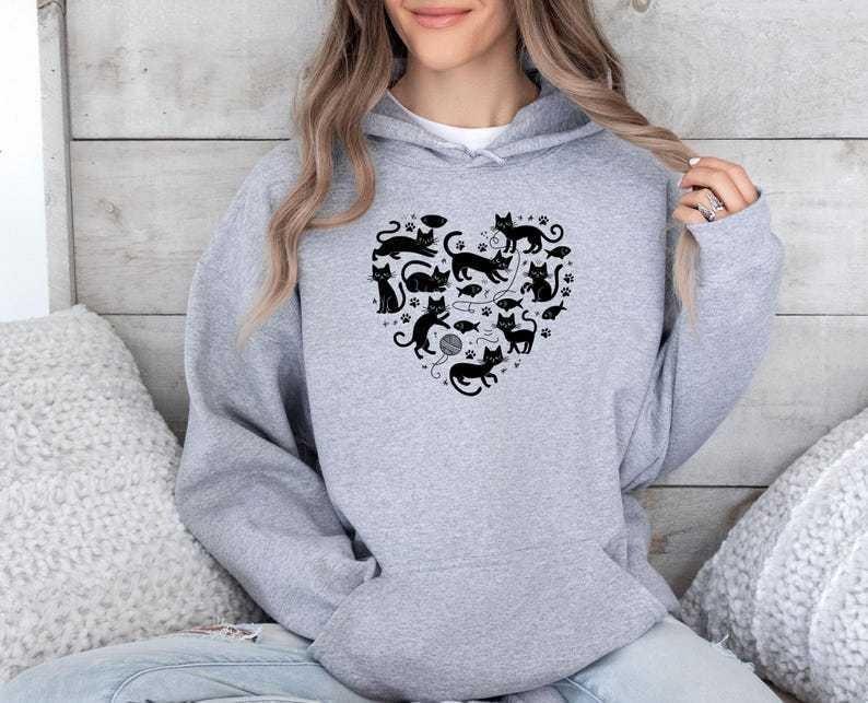 Autumn And Winter, Cat Love Pattern, Printed Long-Sleeved Top, Trendy Fashion Women'S Hooded Sweater