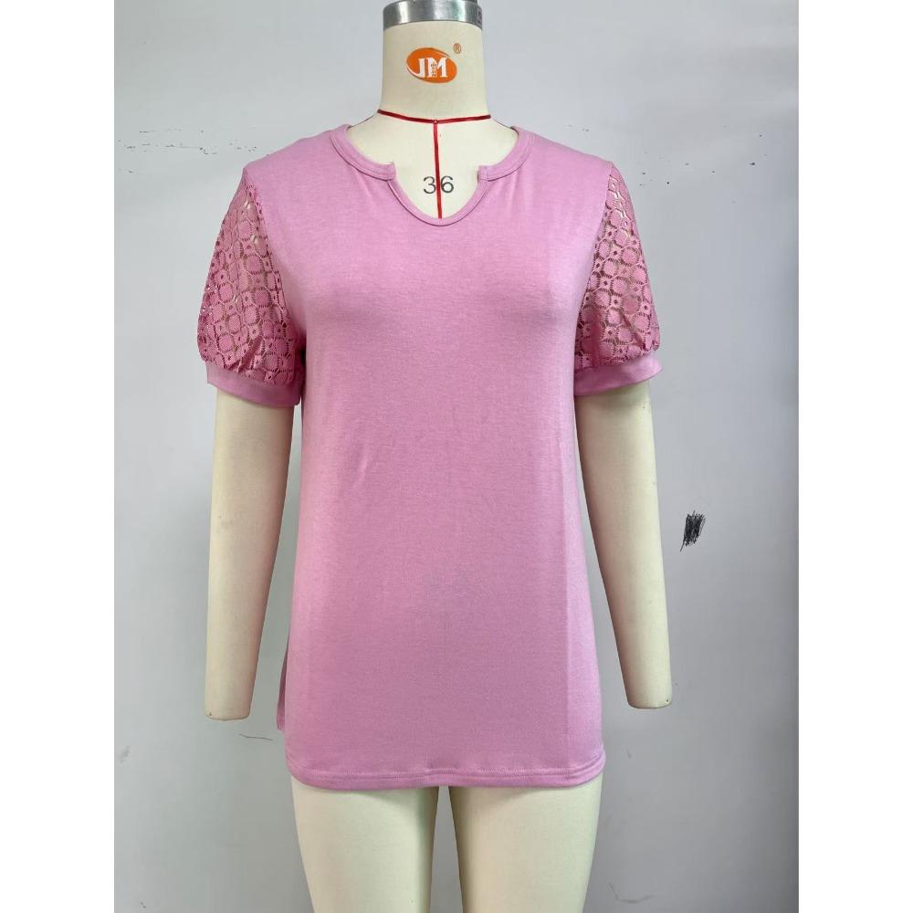 Spring and Summer Women's Solid Colour V-Neck Lace Splicing Short Sleeve Loose T-Shirt