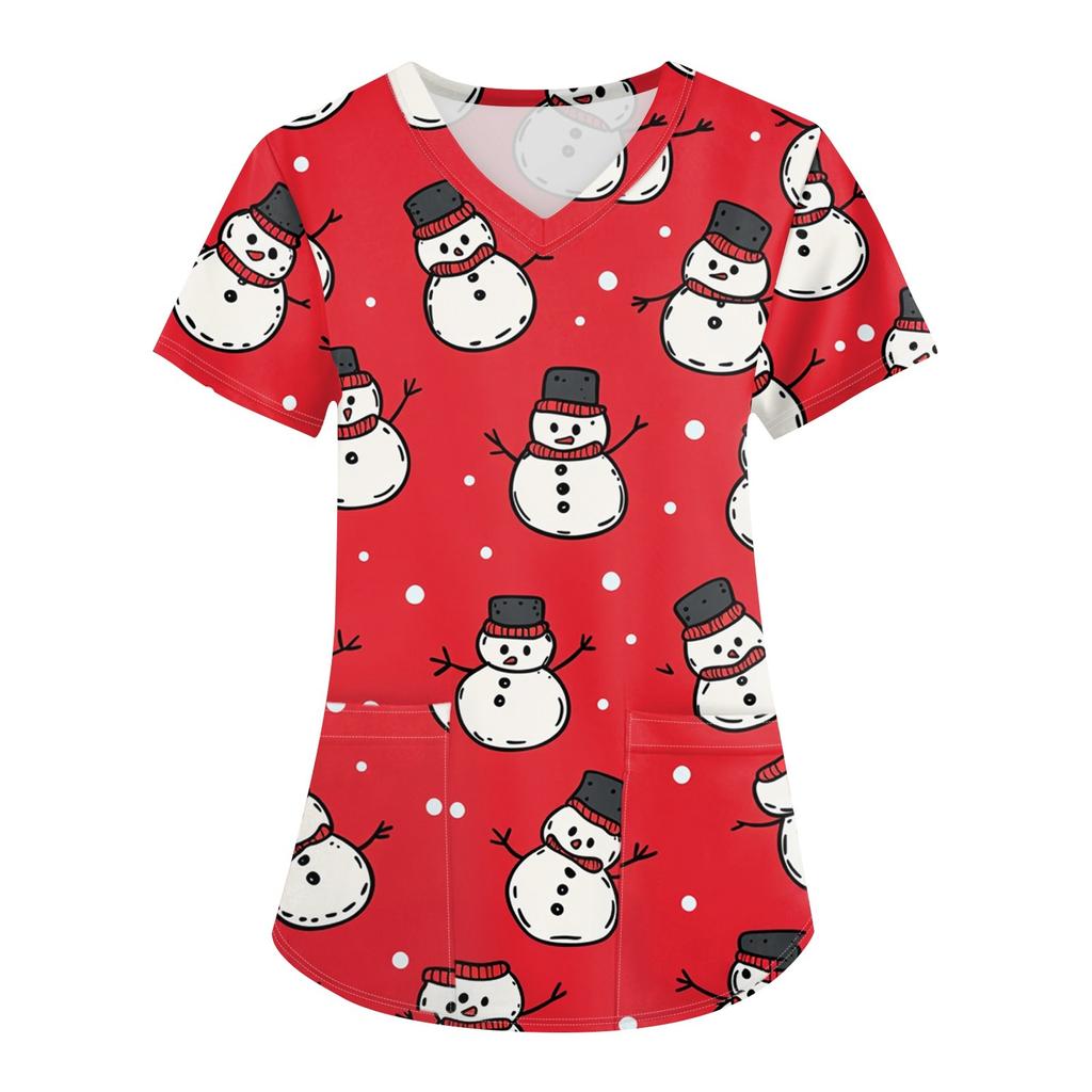 Plus Size Printed Scrub Working Uniform Tops For Women's Cross V Neck Christmas Print Short Sleeve Fun T-Shirts Workwear Tee With Pockets
