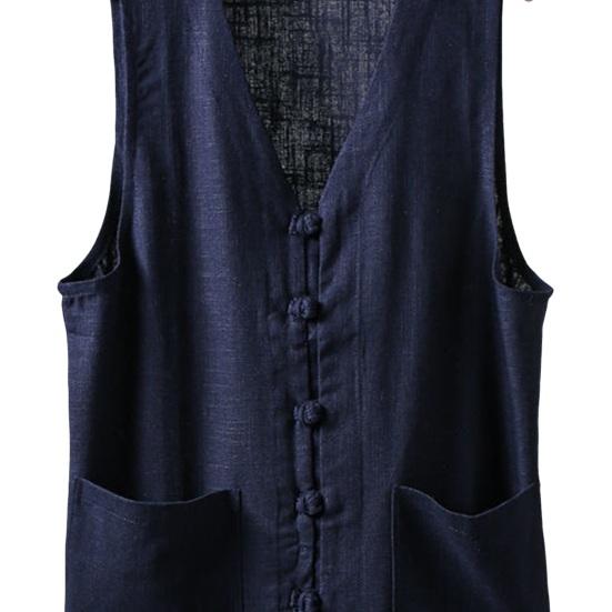 Мужской летний жилет однобортный в ретро-китайском стиле с завязками на пуговицах, свободный, без рукавов, с V-образным вырезом, накладными карманами, однотонный повседневный топ