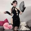 Sex Underwear Sexy Classical High Split Lace Cheongsam Deep V Uniform Breast Set Pajamas Women