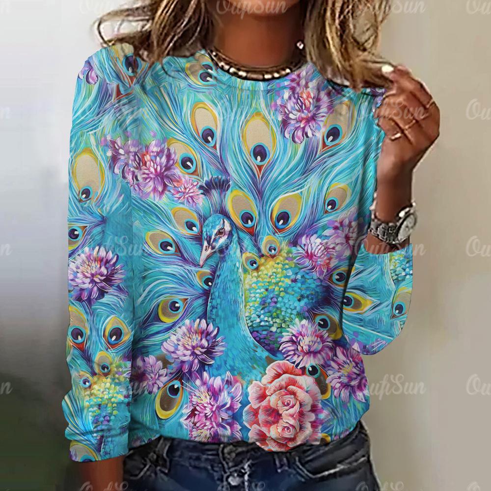 2024 New Women's Peacock Feather Print Long Sleeve T-Shirt Fashion Cotton T-Shirt Tops Women's Round Neck All-match T-Shirt