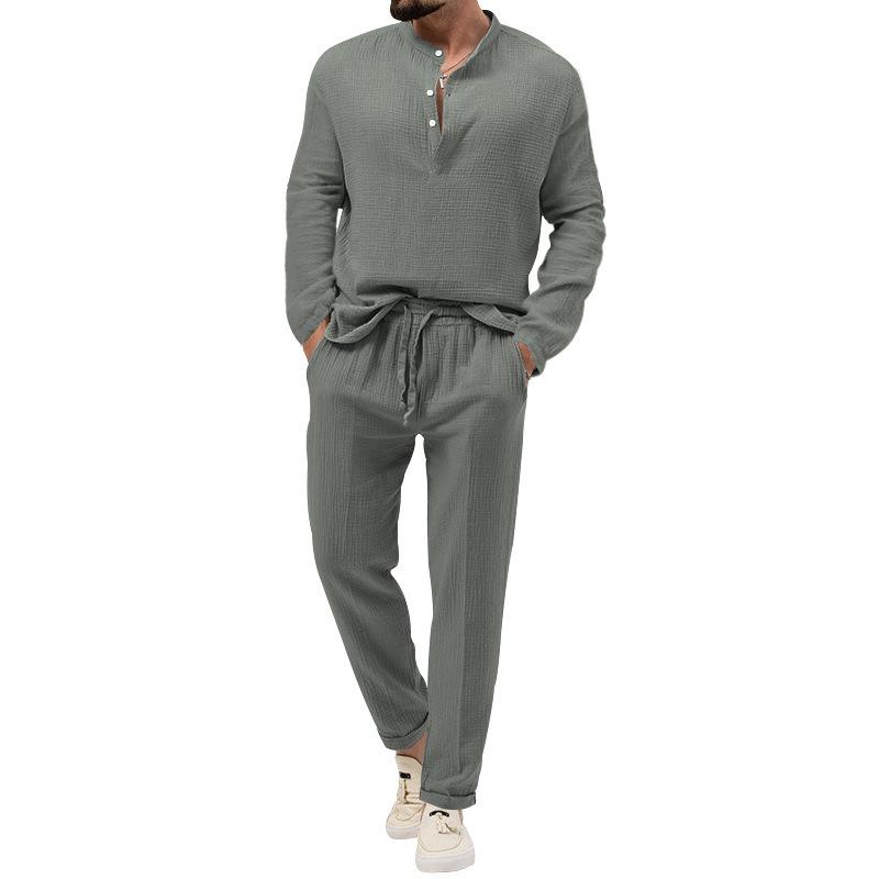 Men's Spring and Autumn 2 Piece Long Sleeve Shirt and Long Pants Set Casual Solid Stand Collar Drawstring Tracksuit