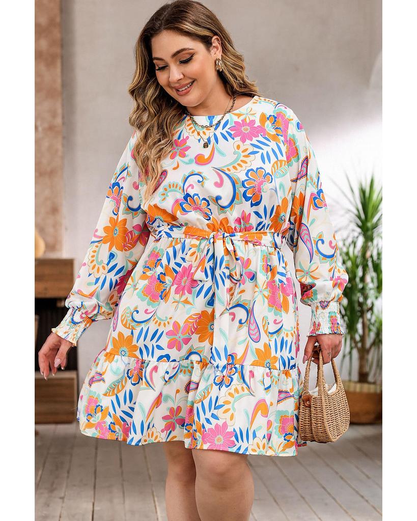Azura Exchange Orange Paisley Floral Print Belted Plus Size Dress