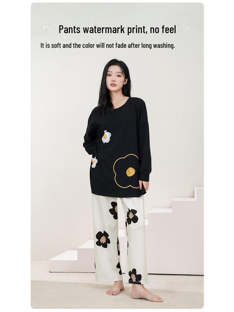 Женский пижамный комплект из чистого хлопка с длинными рукавами и нагрудными накладками — большой размер, весна/осень 2025 г.