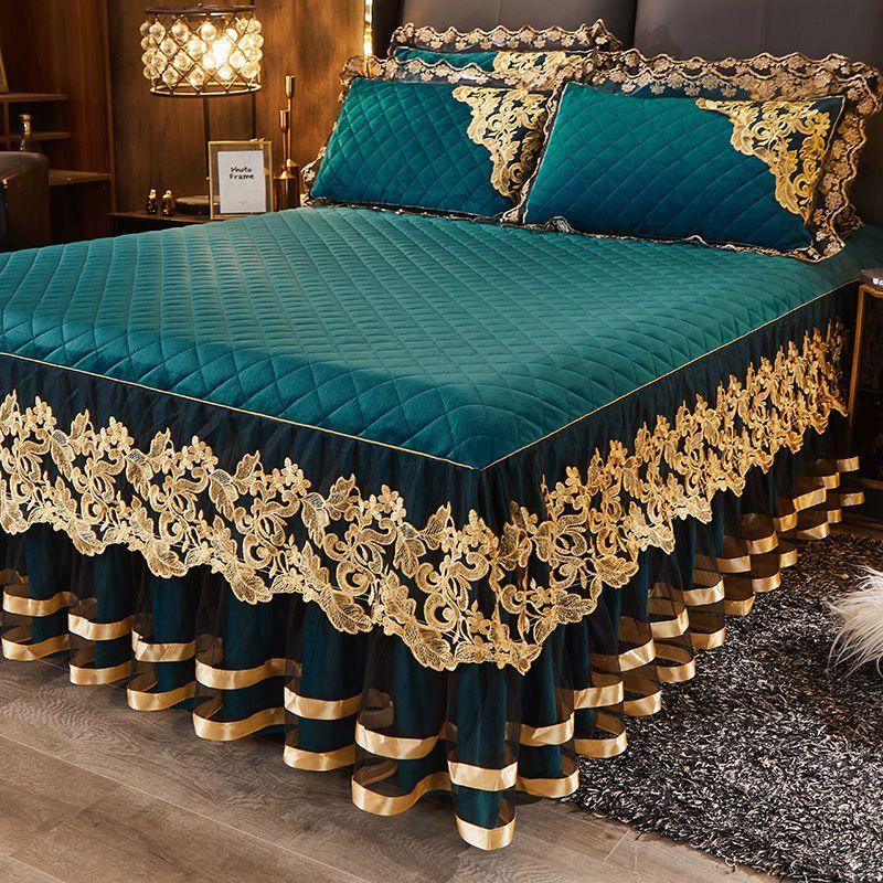 3 шт. Утолщенная кружевная юбка для кровати на осень и зиму, Кружевная накидка на кровать из кристального бархата, Мягкая и удобная, Постельное белье для спальни и гостевой комнаты