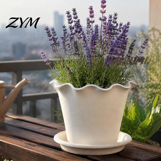Nursery Pots for Green Plants Wavy Edge Planter with Saucer, Thickened Flower Pot Home Decor Drainage Holes, Modern Plant Indoor Outdoor Balcony