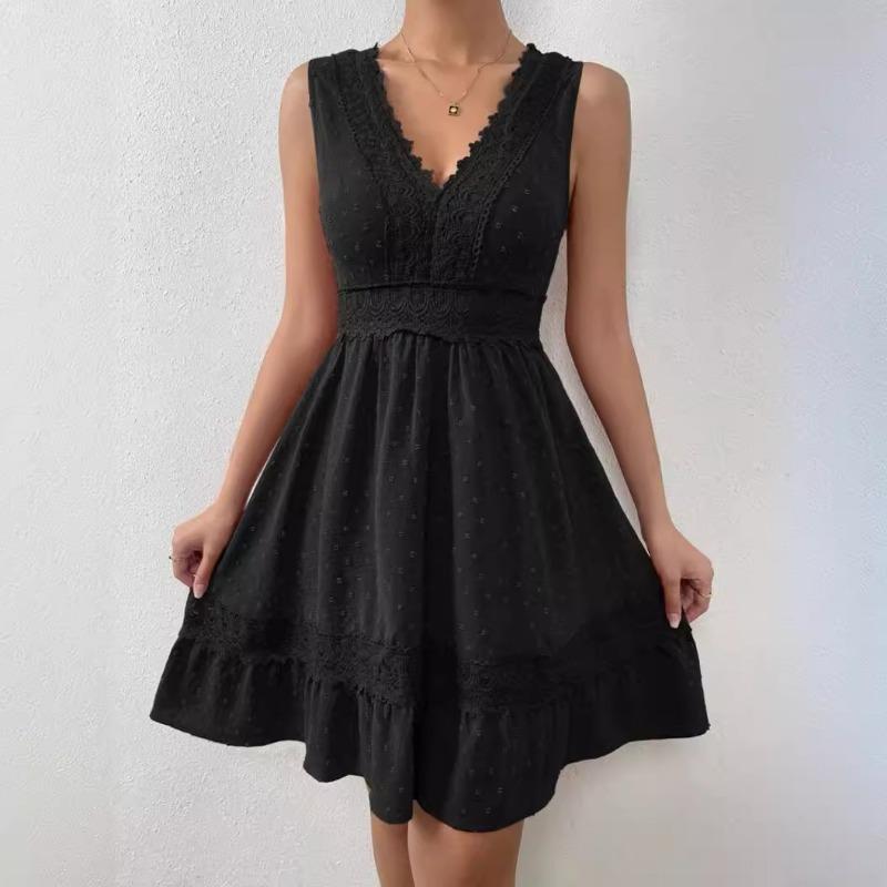 Fashion V-Neck Women Lace Splicing Summer Dress Sexy Backless Casual Elegant A-line Party Short Dresses Female Loose Simple Women's Clothing