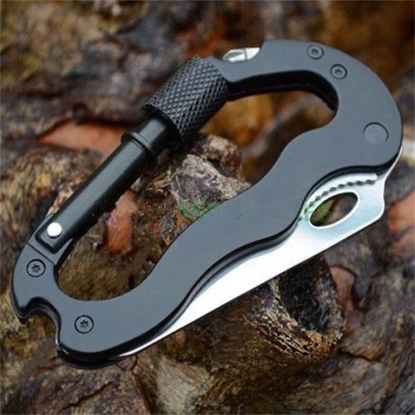5-in-1 Multi-Tool Carabiner with Knife Latch Hooks Screwdriver Bottle Opener for Outdoor Camping Hiking Survival Gear