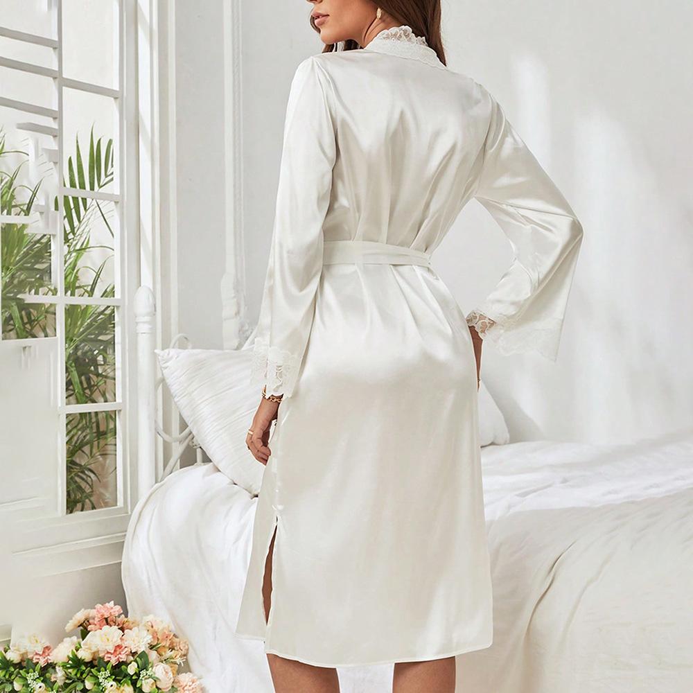 Satin Lace Sleepwear Set Luxury Long Sleeve Robe Cooling Nightgown Sexy Loungewear Bathrobe Women Elegant Home Dress