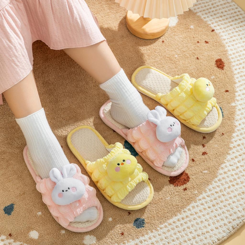 Elegant Hairy Slippers Cartoon Bubble Linen Slippers Net Red Girl Open Sandals Slippers Home Indoor Fabric Slippers Female Home Shoes Slippers Pink