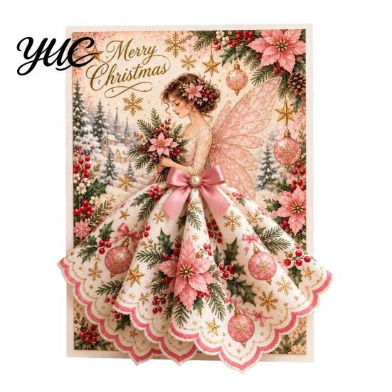 Decorative Seasonal Note Cards 3D Christmas Angel Greeting Card, Pop Up Holiday Card with Fabric Dress, Peace And Blessing Merry for Family
