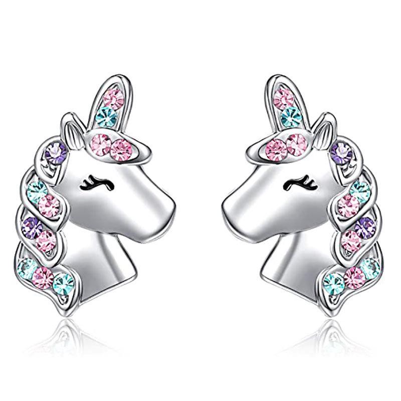 New Cute Unicorn Stud Earrings for Little Girl Kids Crystal Cat Butterfly Rainbow Heart Star Earring Christmas Gift Jewelry