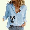 Women Lapel Neck Fashion Buttoned Shirt Spring&summer Thin Cotton Linen Top Casual Cat Print Blouses