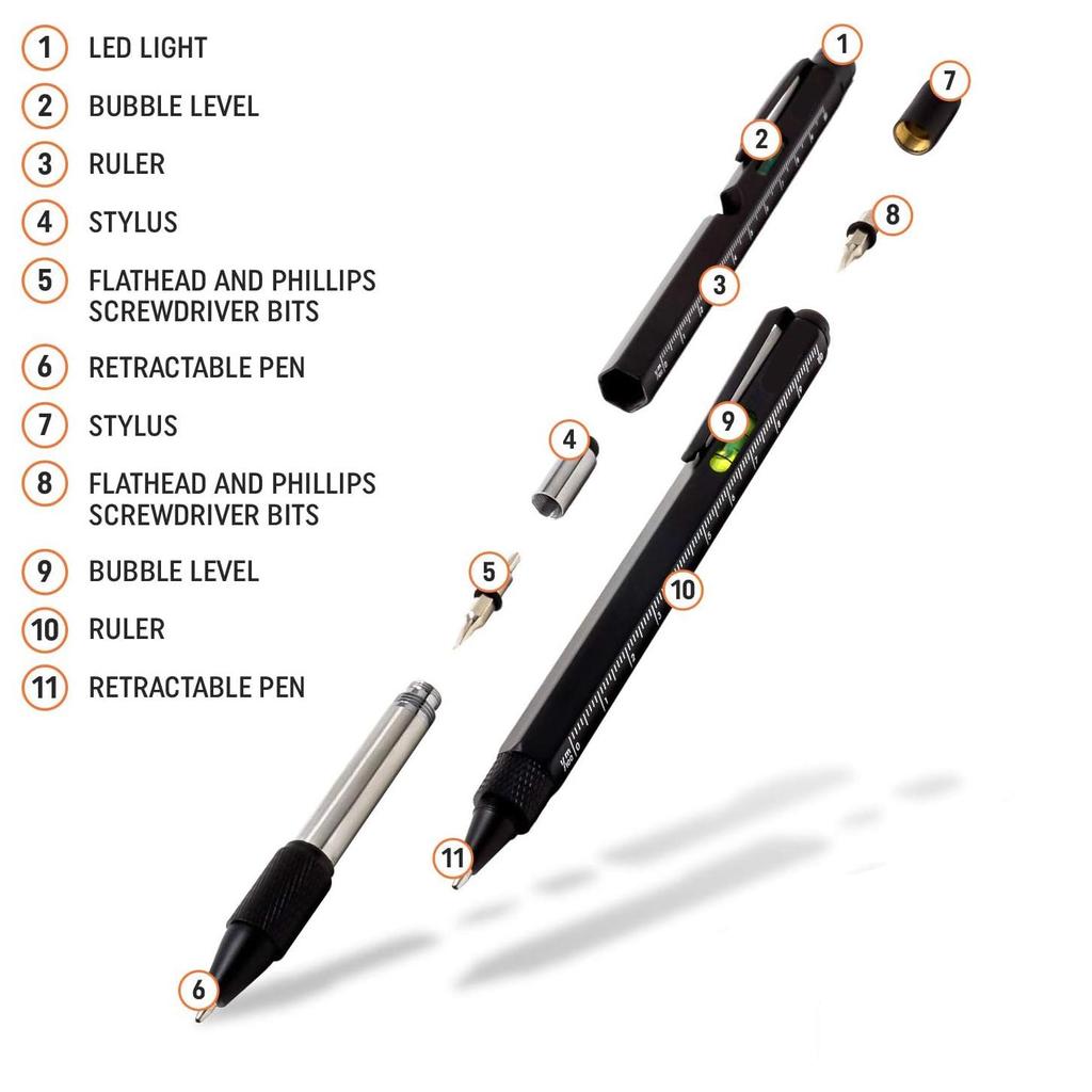 Набор из 2 многофункциональных ручек — многофункциональные ручки со светодиодной подсветкой, плоская и крестовая отвертки, уровень, линейка, открывалка для бутылок и стилус