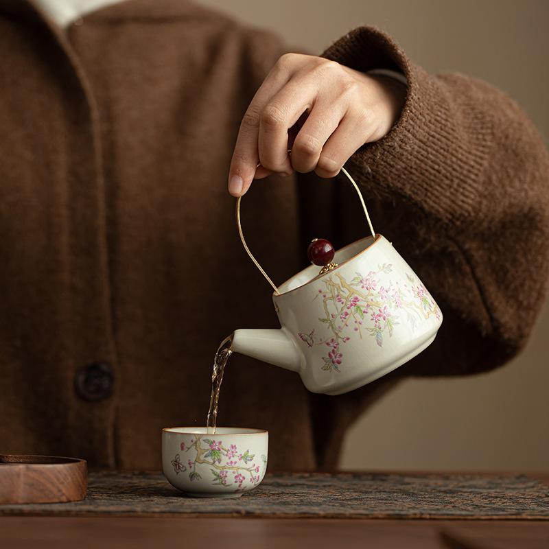 Бежевый чайник с открытым обжигом Жу, бытовой заварочный чайник, чайный сервиз для кунг-фу, ретро, одинарный чайник с фильтром, китайский чайник с ручкой, высокого качества