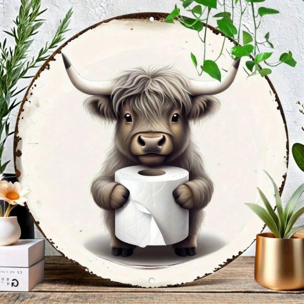 Round Metal Tin Sign Cow Bathroom Tissue Holder Country Farmhouse Decor